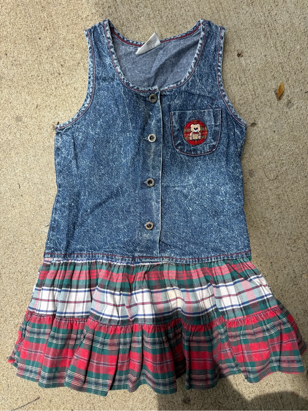 Vintage Blue Denim & Red Plaid Kids Casual Dress teddy bear logo